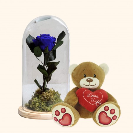Rosa eterna azul y osito de peluche corazón - Flores preservadas online