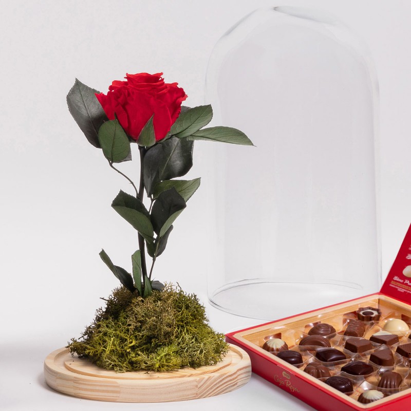 Rosa eterna con cúpula de cristal y caja de bombones - Flormoments