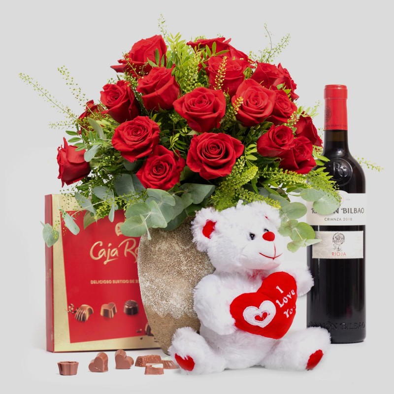 Ramo 24 rosas rojas, bombones, osito y botella de vino - Flormoments